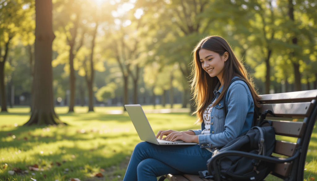 Student enjoying online learning at a park.