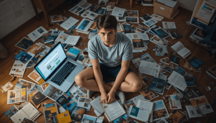 Student overwhelmed but determined while choosing colleges.