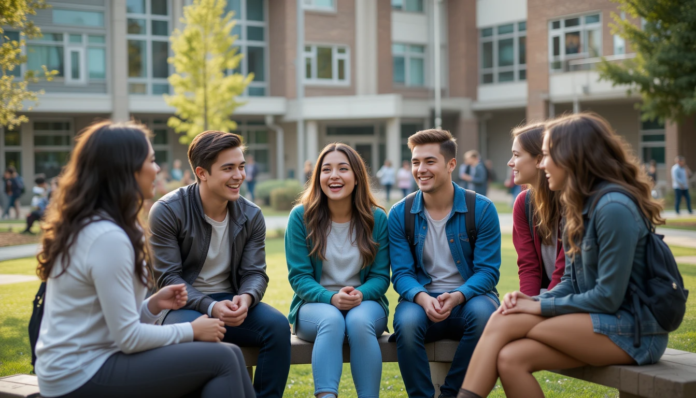 Diverse students on a community college campus.