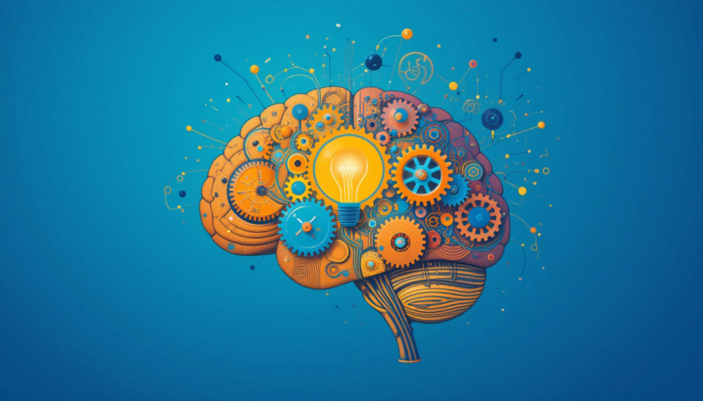 a brain with gears and lightbulbs inside, representing critical thinking and innovation.