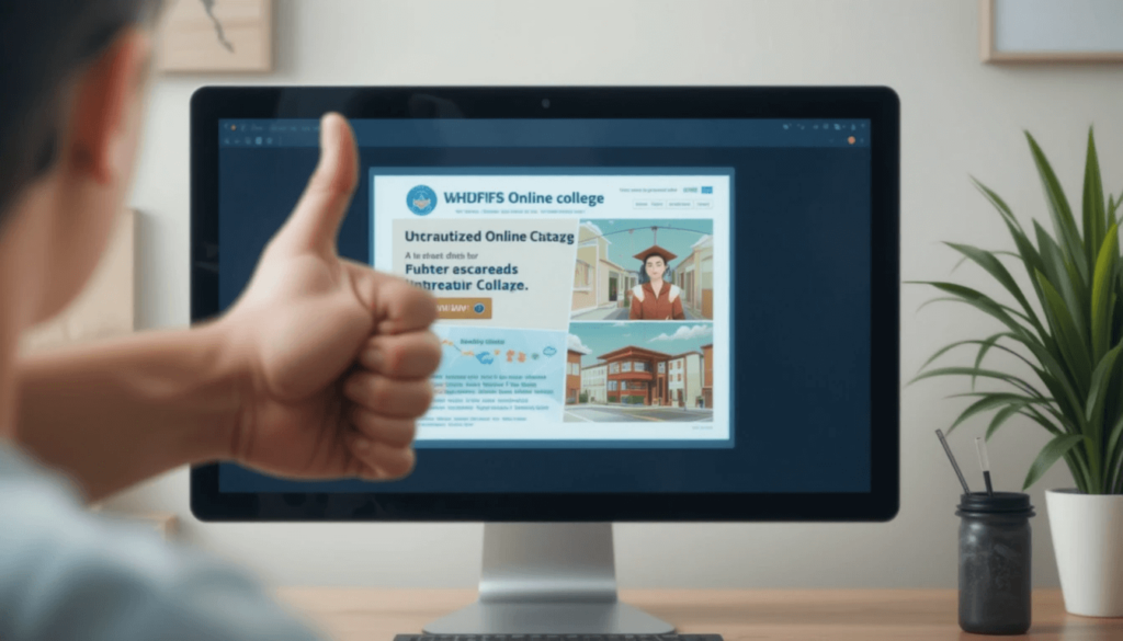 Person shaking head at an unaccredited online college ad.