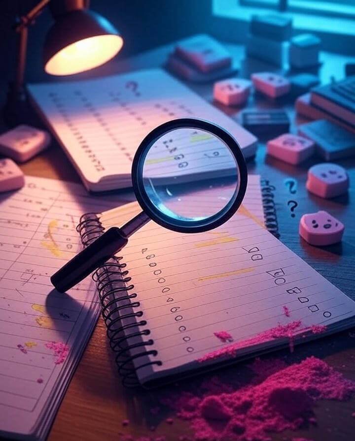 a magnifying glass hovering over a messy notebook with highlighted errors, a desk lamp casting a glow on a checklist