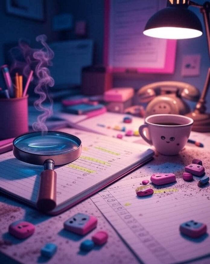 Magnifying glass on error-filled notes