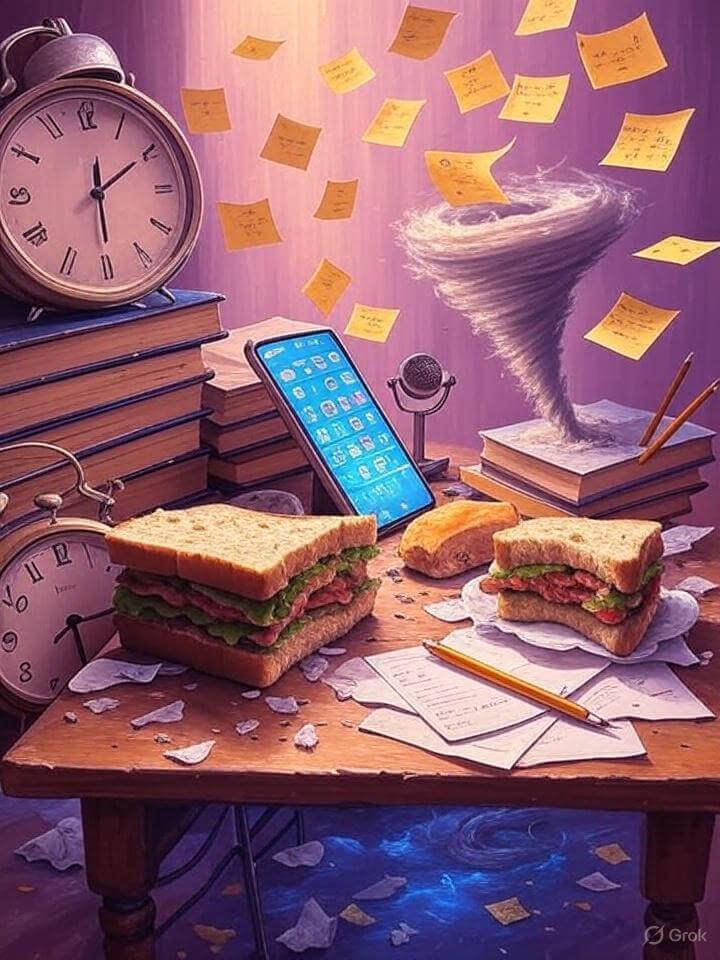 a blurry student squinting at a notebook, pen in mouth, looking frustrated.